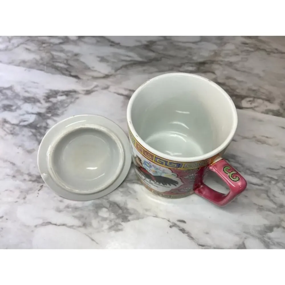 Vintage Pink Chinese Hand Painted Mug with Lid